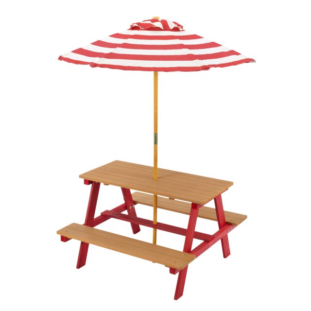 Teamson Kids Children's Wooden Picnic Table with Umbrella for Outdoor Garden Play, Red