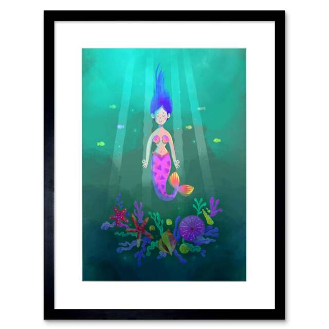 "Pink Mermaid Sea Life Cartoon Girl Kids Bedroom 9x7"" Black Framed Wall Art Print"