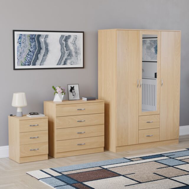 Vida Designs Riano 3 Piece Bedroom Set (3 Drawer Bedside Chest, 4 Drawer Chest, 3 Door 2 Drawer Mirrored Wardrobe) - Pine