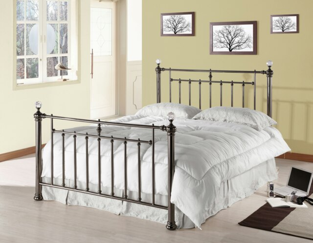 Polished Black Nickel Metal Bed Frame Featuring Crystal Effect Finials - King Size 5ft