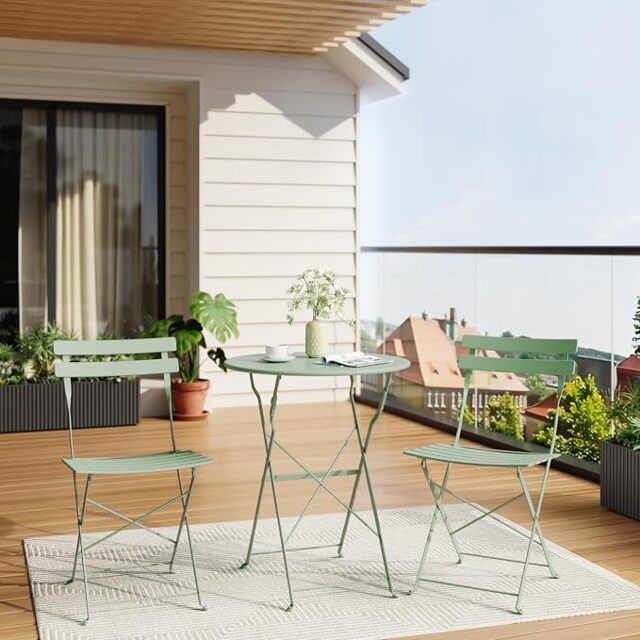 London Boutique 3 Piece Collapsible Bistro Set, Round Table & 2 Chairs for Garden Balcony