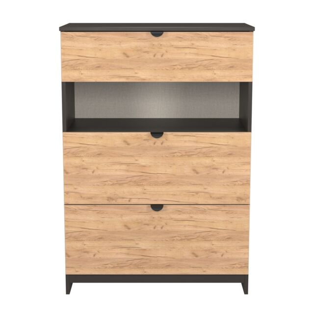 Norway 3 Drawer Open Deep Chest in Gold Craft Oak & Graphite (Ready Assembled) Grey Gold Craft Oak & Graphite