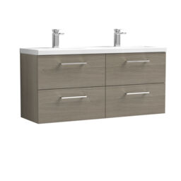 Balterley Level Wall Hung 4 Drawer Vanity Unit with Double Basin for Modern Bathroom Storage Brown Grey Vicenza Oak