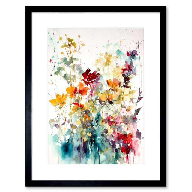 "Wild Flowers Abstract Watercolour Orange Purple 9x7"" Black Framed Wall Art Print"