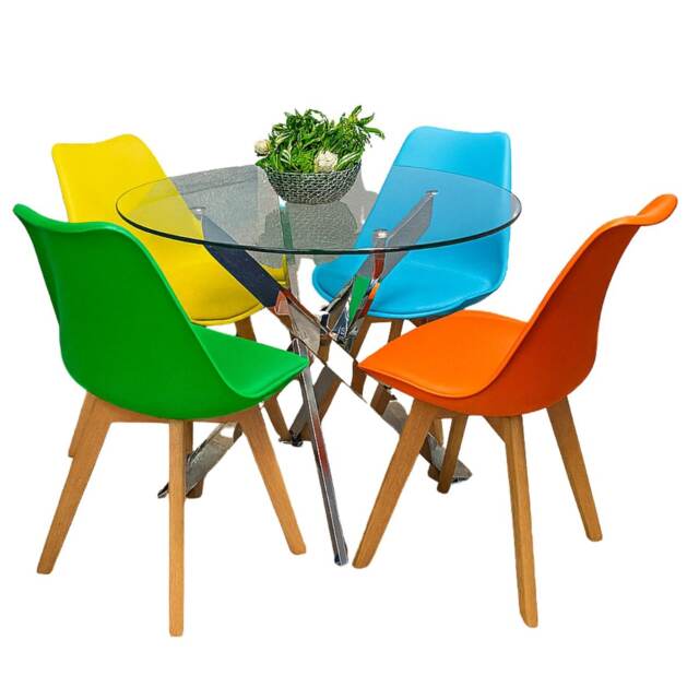 Round Glass Dining Table and 4 mix Colour Plastic Chairs Dining Room Set