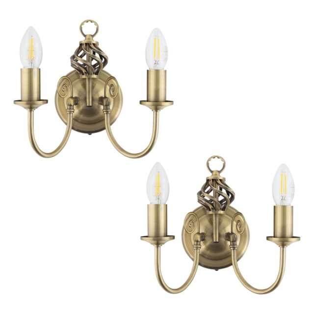 Set of 2 Barley Twist - Antique Brass Wall Lights Yellow 2
