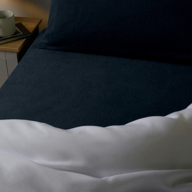 OHS 100% Brushed Cotton Soft Cosy Warm Fleece 25cm Deep Elasticated Fitted Sheet Blue Navy Single