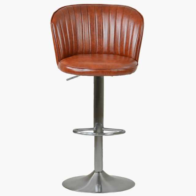 Lakeland Furniture Flynn Vintage Tan Brown Faux Leather Brushed Steel Gas Lift Base Bar Stool