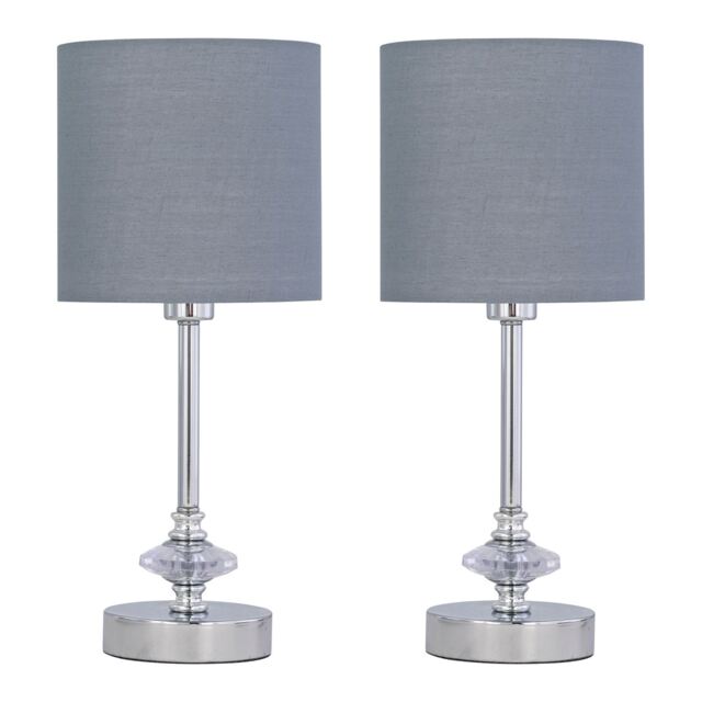 Set of 2 Chrome Jewelled Table Lamp with Grey Cotton Shades Chrome Grey Medium 2