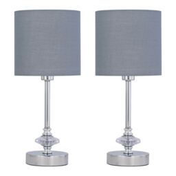 Set of 2 Chrome Jewelled Table Lamp with Grey Cotton Shades Chrome Grey Medium 2