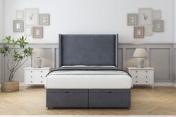 "Sloomy Devonshire Steel Plush Ottoman Bed Base With 54"" Wingback Headboard 4'6 Double Grey Steeel Double 1"