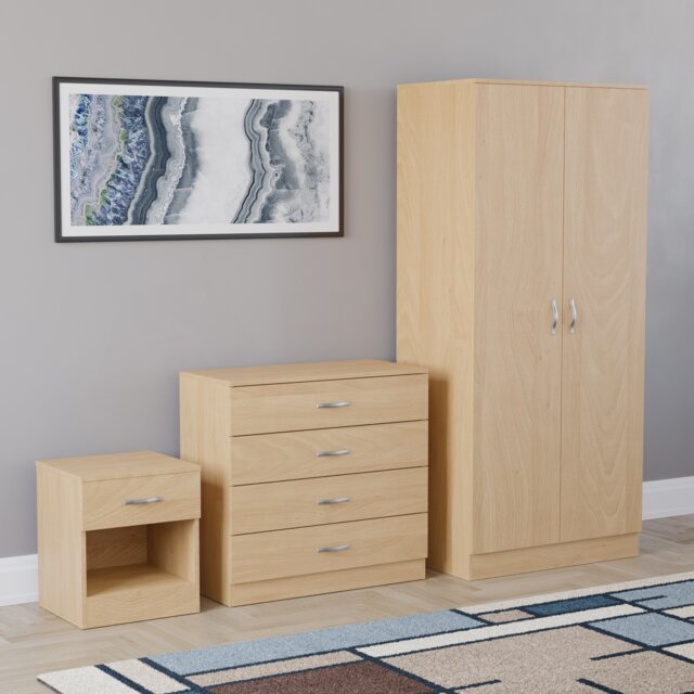 Vida Designs Riano 3 Piece Bedroom Set (1 Drawer Bedside Chest, 4 Drawer Chest, 2 Door Wardrobe) - Pine