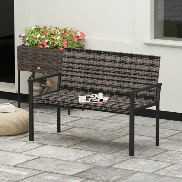 Outsunny 2 Seater Rattan Garden Bench, Outdoor Bench with Quick-Drying Cotton Padding, Wicker Garden Loveseat with Armrests, Steel Frame for Patio, Park, Mixed Grey Grey Mixed Grey