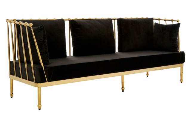 Sleek 3 Seat Gold Finish Tapered Arms Sofa, Stylish Mid Century Sofa For Bedroom, Sturdy 3 Seater Sofa Gold Three Seater