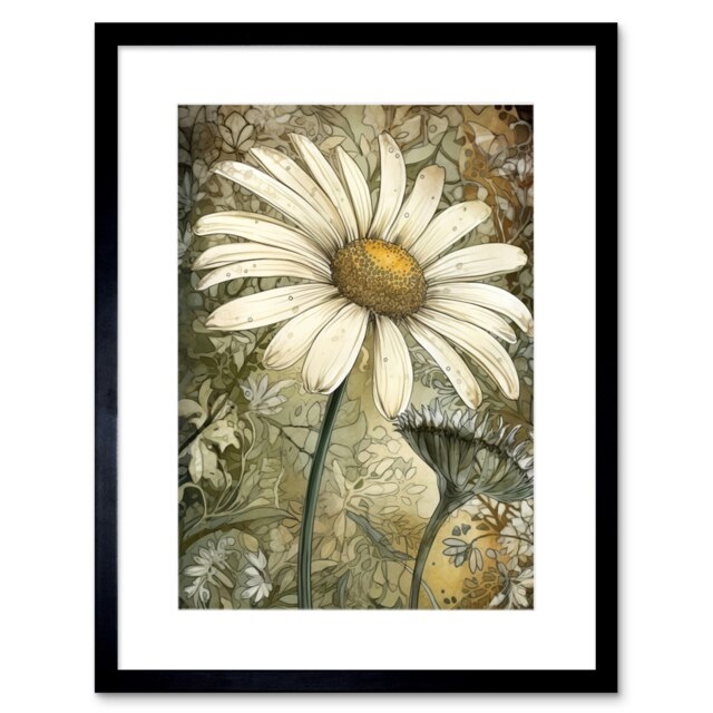 "Pastel Watercolour Daisy Flower Bloom 9x7"" Black Framed Wall Art Print"