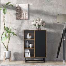 Display Cabinet Bookcase Storage Cabinet Industrial Oak Black Door 70cm
