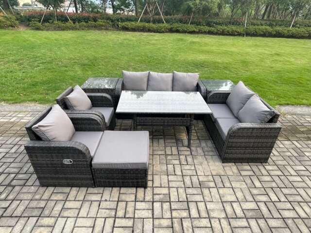 Fimous Dark Grey PE Wicker Rattan Garden Furniture Set Reclining Chair Love Sofa 2 Seater Sofa Set Outdoor Rectangular Dining Table Big Footstool 2 Side Tables 8 Seater