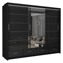 High Gloss Mirrored Sliding Wardrobe with Drawers for Bedroom - Black 255cm