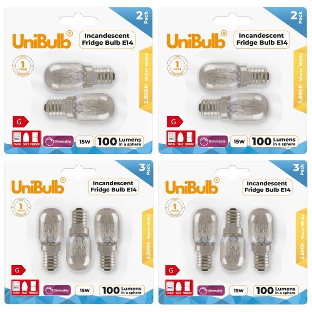 UniBulb Fridge / Oven / Salt Lamp Pygmy E14 Small Edison Screw (SES) 100lm 15W 2800K (Warm White) Incandescent Dimmable Light Bulbs - Pack of 10