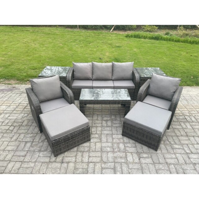 Fimous Rattan Garden Furniture Set with Rectangular Coffee Table 2 Side Tables 2 Big Footstool 7 Seater Patio Outdoor Lounge Sofa Set