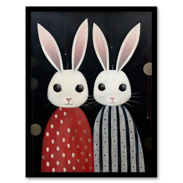 White Bunny Rabbits Dresses Oil Red Polka Black Framed Wall Art Print A4