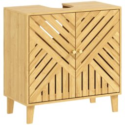 HOMCOM Under Sink Bathroom Cabinet, Bamboo Freestanding Under Sink Cabinet with Adjustable Shelf and Slat Doors for Basin without Pedestal, Natural