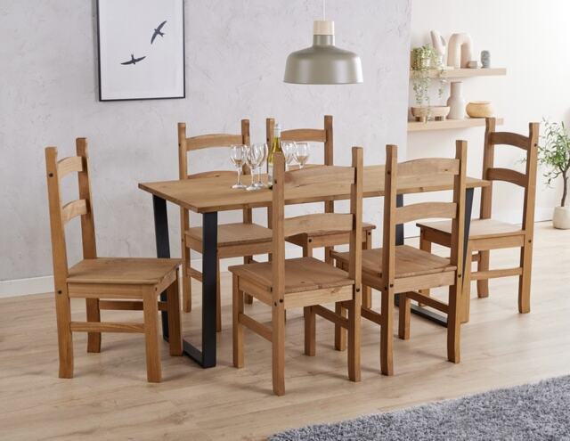 Texas Rectangular Dining Table with Metal Legs and 6 Corona Dining Chairs - Black - Antique Waxed Pine Black 7