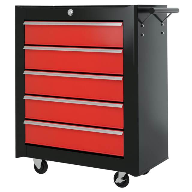 HOMCOM 5-Drawer Tool Chest Steel Lockable Tool Storage Cabinet w/ Wheels Red Red Black 1