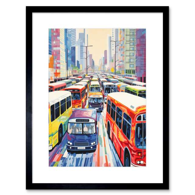 "Bus Lane by Adrienne Finch Busy Cityscape Traffic 9x7"" Black Framed Wall Art Print"