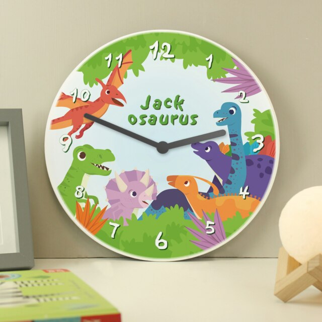 Personalised Dinosaur Wooden Childrens Clock White
