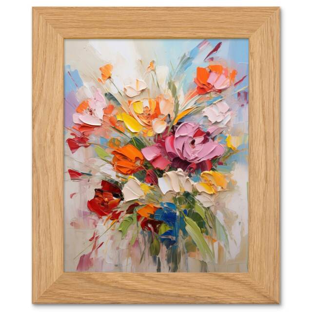 Wildflower Explosion Bright Floral Art Oak Wood Framed Wall Print