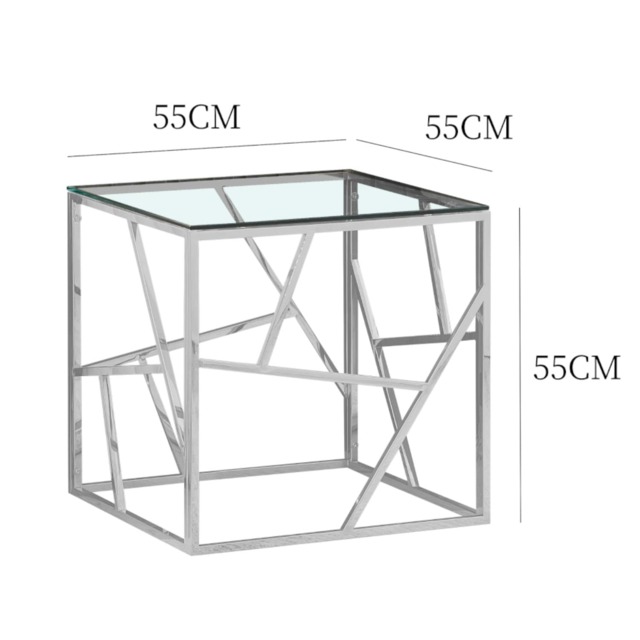 Square Chrome Effect, Tempered Glass Lamp Side Table In Silver