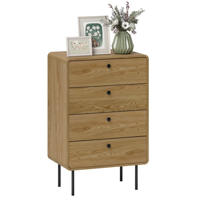 HOMCOM Modern Chest of Drawers with 4 Drawers, Dresser with Wood Handles and Steel Legs for Bedroom, Living Room, Entryway, Oak
