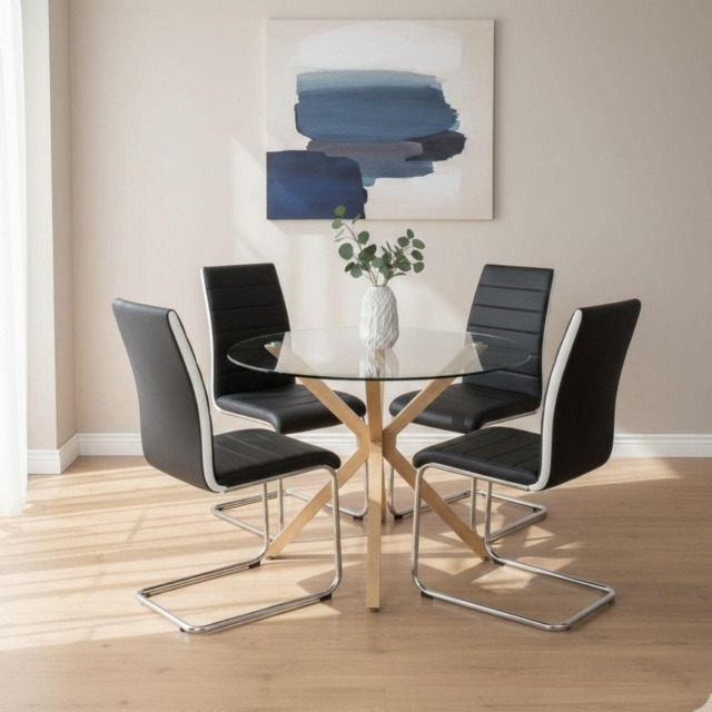 Round Glass Dining Table Set With 4 black faux leather Chairs Dining Room Furniture