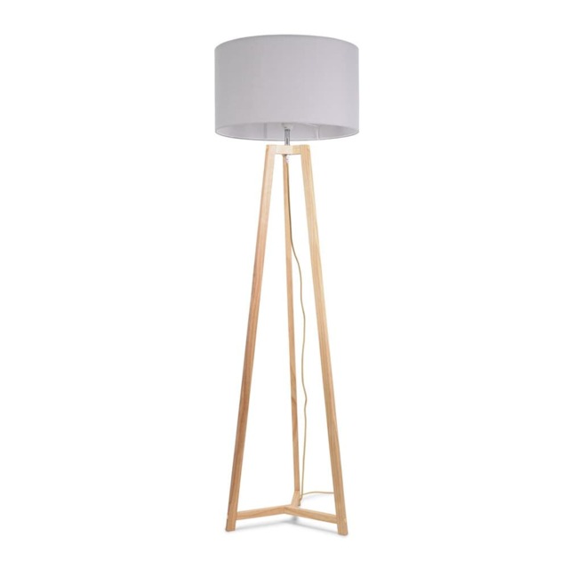 ValueLights Lottie Natural Wood Tripod Floor Lamp Grey Shade and Bulb