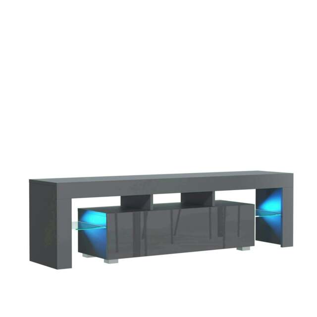 TV Unit 160cm Grey Gloss Door Grey Matt Body with LED and Glass Sides Grey One Size 1
