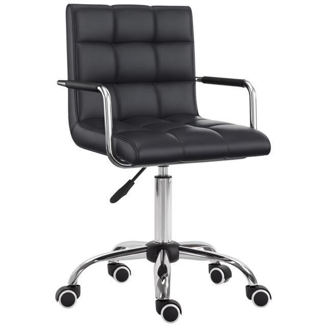 Vinsetto Makeup Vanity Chair, PU Leather Mid Back Office Chair with Adjustable Height, Armrest and Rolling Wheels, Black