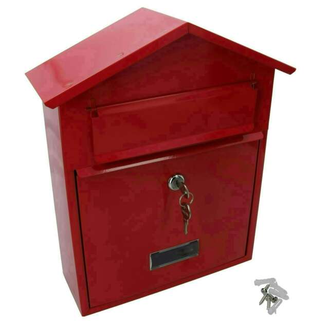 Letter Post Mail Box Metal Red Wall Door Gate Fence Garden House Lockable Red