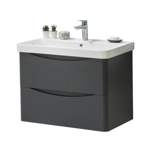 Bathroom Wall Mounted 2-Drawer Vanity Unit with Basin 800mm Wide - Matt Graphite - (Arch) - Brassware Not Included Grey Grey 1