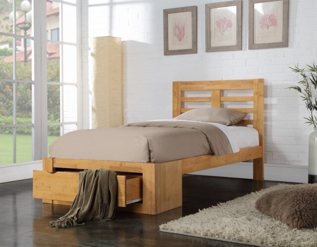 New Bretton Single 3ft Hardwood Oak Bed Frame with Drawer Brown Single