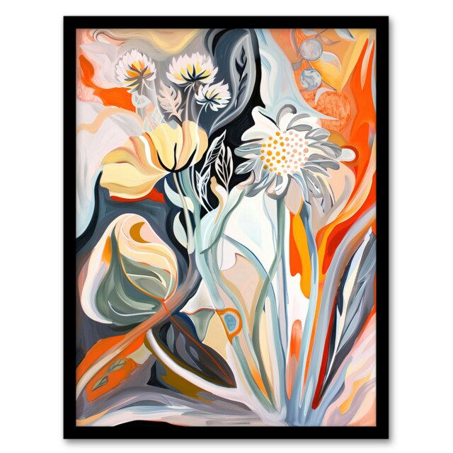 Abstract Wildflowers Bright Floral Folk Art Black Framed Wall Art Print A4