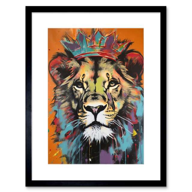 "Lion Wearing Crown Jungle King Animal Portrait 9x7"" Black Framed Wall Art Print"