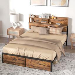 HOMCOM 5.2FT King Bed Frame with Storage Headboard and Under Bed Storage Brown Rustic Brown, Black