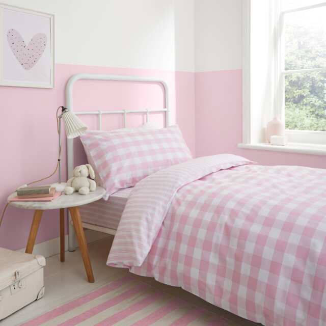 Check and Stripe Cotton Reversible Duvet Cover Set Pink
