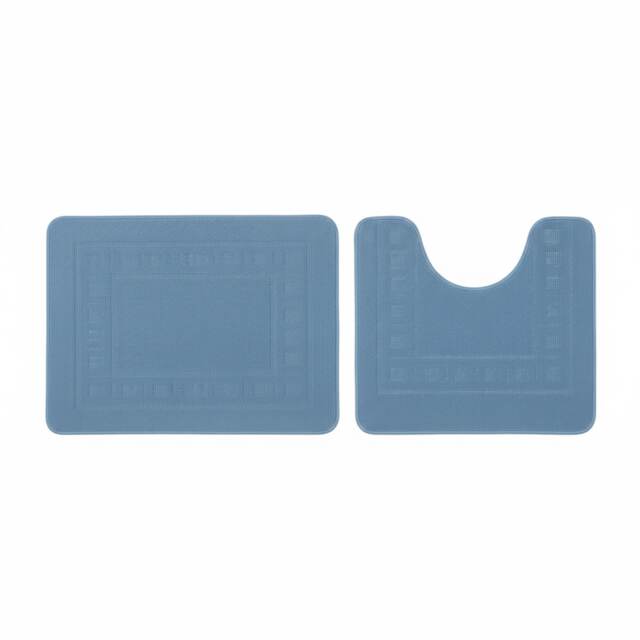 2 Piece Box Design Bath Mat Set Soft Absorbent Non-Slip Bathroom Mats Blue Mid Blue