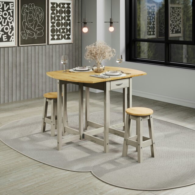 Premium Corona Oval Breakfast Dining Set with Drop Leaf Gateleg Table and 2 Stools - Grey or White Waxed Pine Grey Grey One Size 1