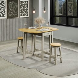 Premium Corona Oval Breakfast Dining Set with Drop Leaf Gateleg Table and 2 Stools - Grey or White Waxed Pine Grey Grey One Size 1
