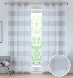 Pair of Santorini Grey Linen Look Stripe Panels with Eyelet Header 183CM