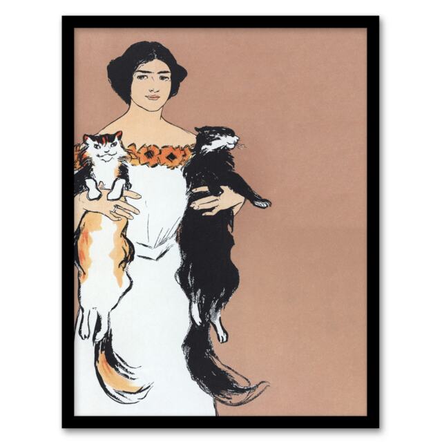 "Woman Holding Two Cats Drawing Vintage Framed Wall Art Print Penfield 12x16"""