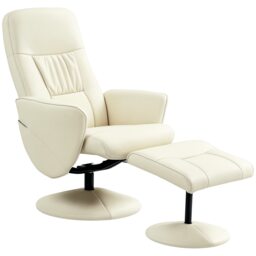 HOMCOM Swivel Recliner Chair with Footstool, PU Leather Armchair and Ottoman with High Back and Round Base for Living Room, Cream White